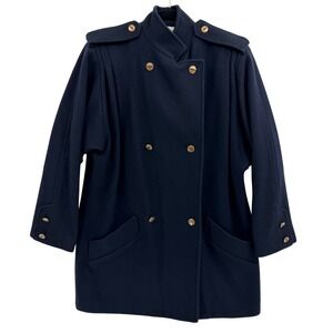 Vintage Ashley Scott Pea Coat Size 12 Navy Blue Gold Wool Tailored Timeless